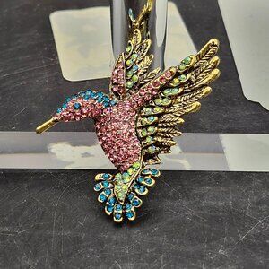 Betsey Johnson Hummingbird Pink, Blue & White Rhinestones Gold Pin Pendant NOS